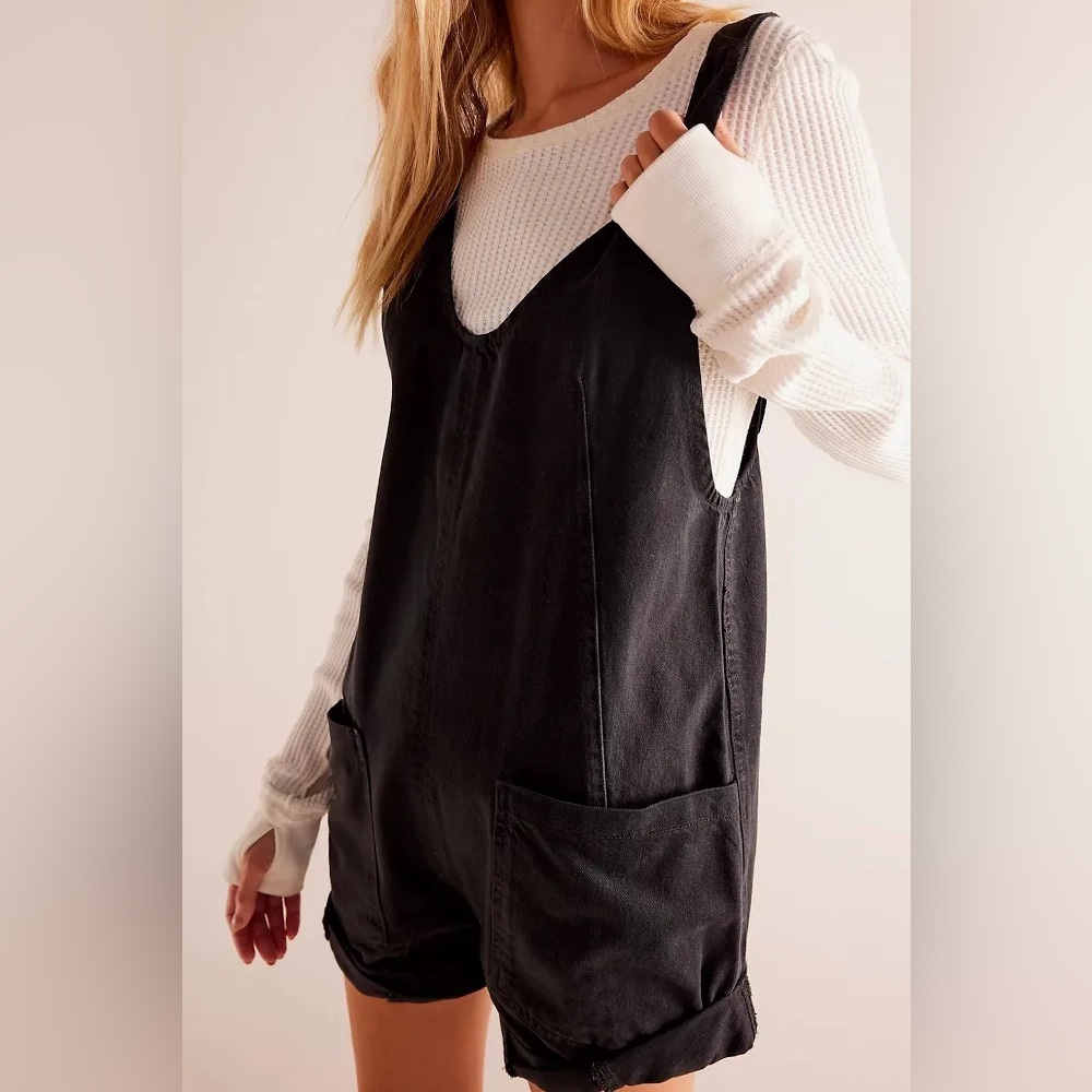 Free People Black Short Overalls Romper